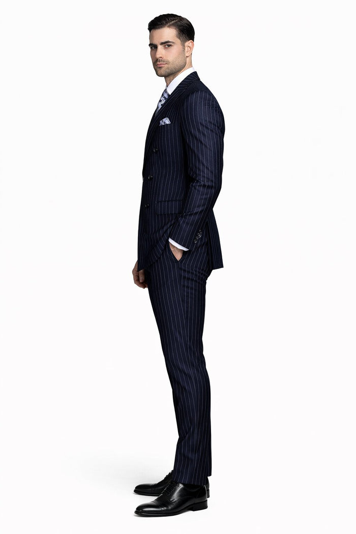 Men's Designer Double Breasted Wool Suit in Bold Navy Blue Gangster Pinstripe.