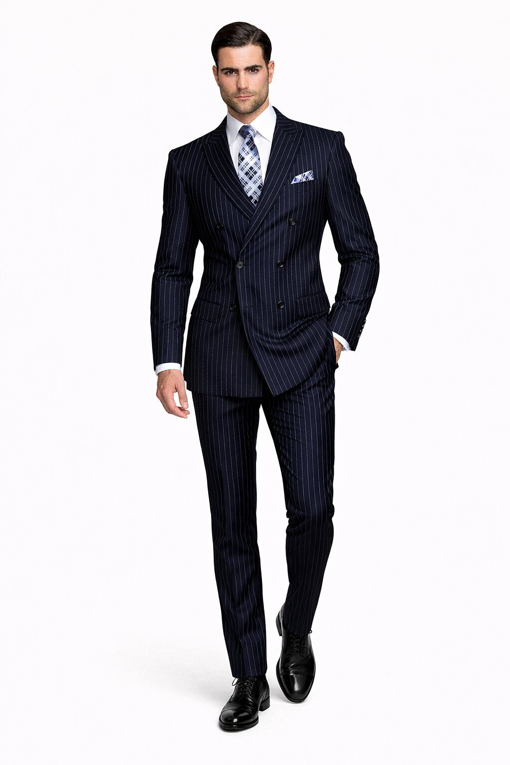 Men's Designer Double Breasted Wool Suit in Bold Navy Blue Gangster Pinstripe.