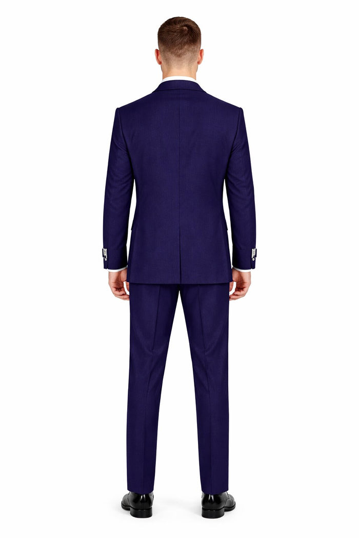 Mens Navy Blue Double Breasted Wool Suit with Signature Buckle Closure Designer Tailored Fit