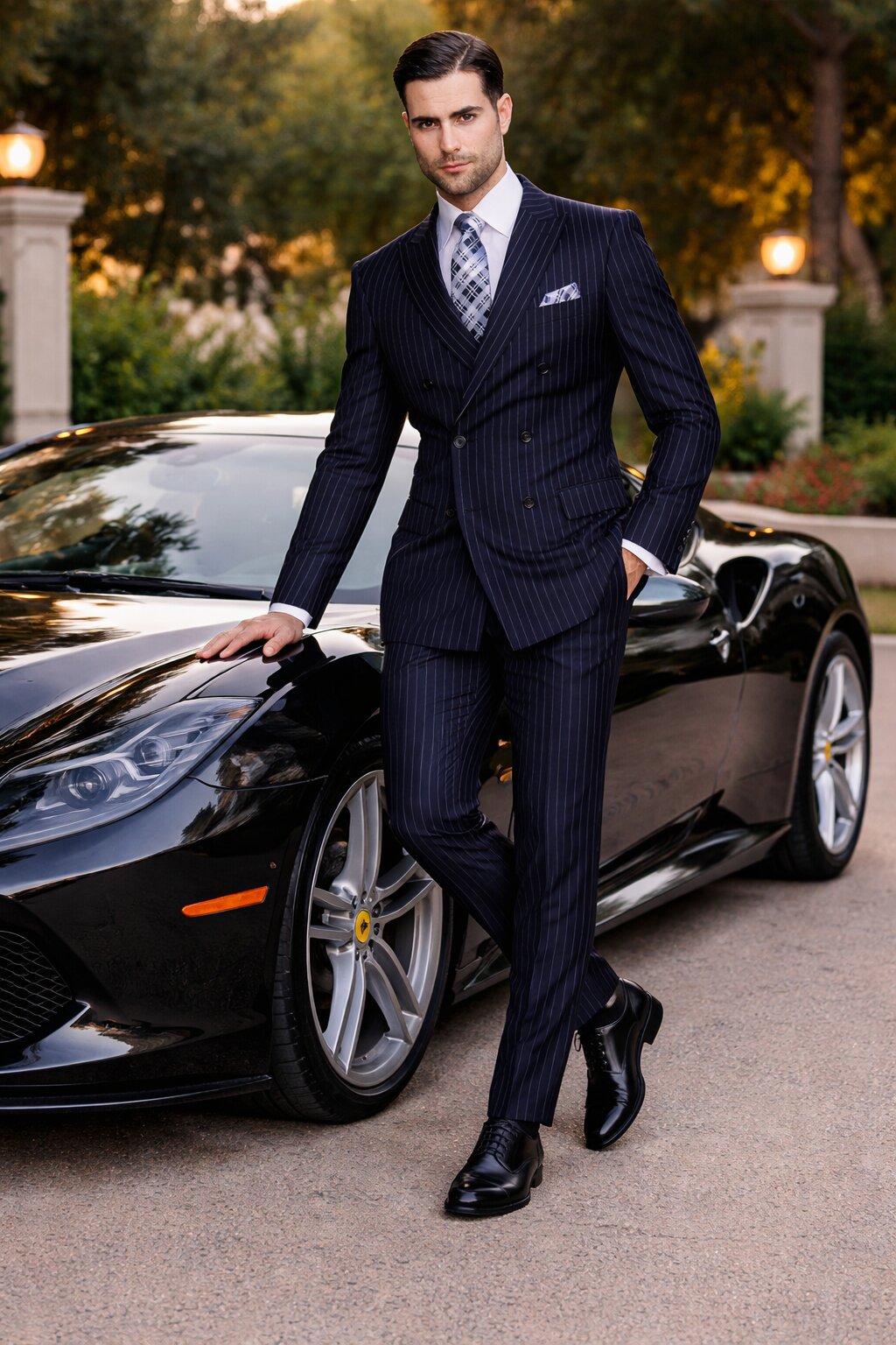 Men's Designer Double Breasted Wool Suit in Bold Navy Blue Gangster Pinstripe.