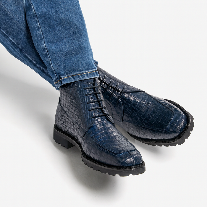 Navy Genuine Caiman Crocodile Belly Ankle Los Altos Boot-New Designer Collection