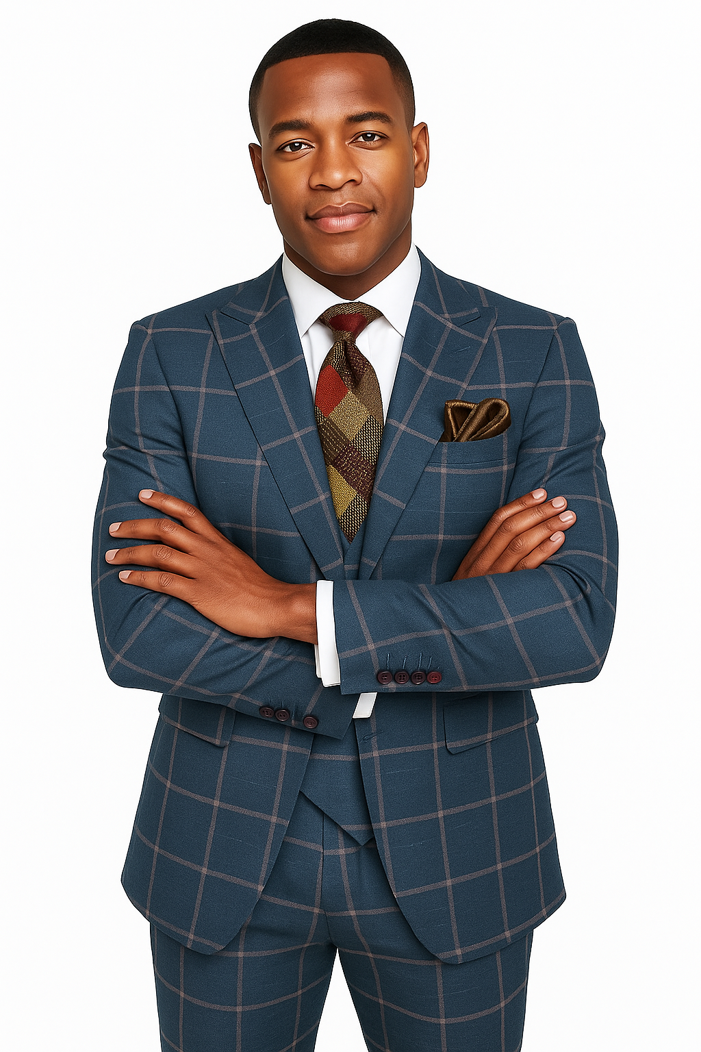 Rossiman Mens Navy & Gray Plaid Suit - Classic Windowpane Double-Breasted Design