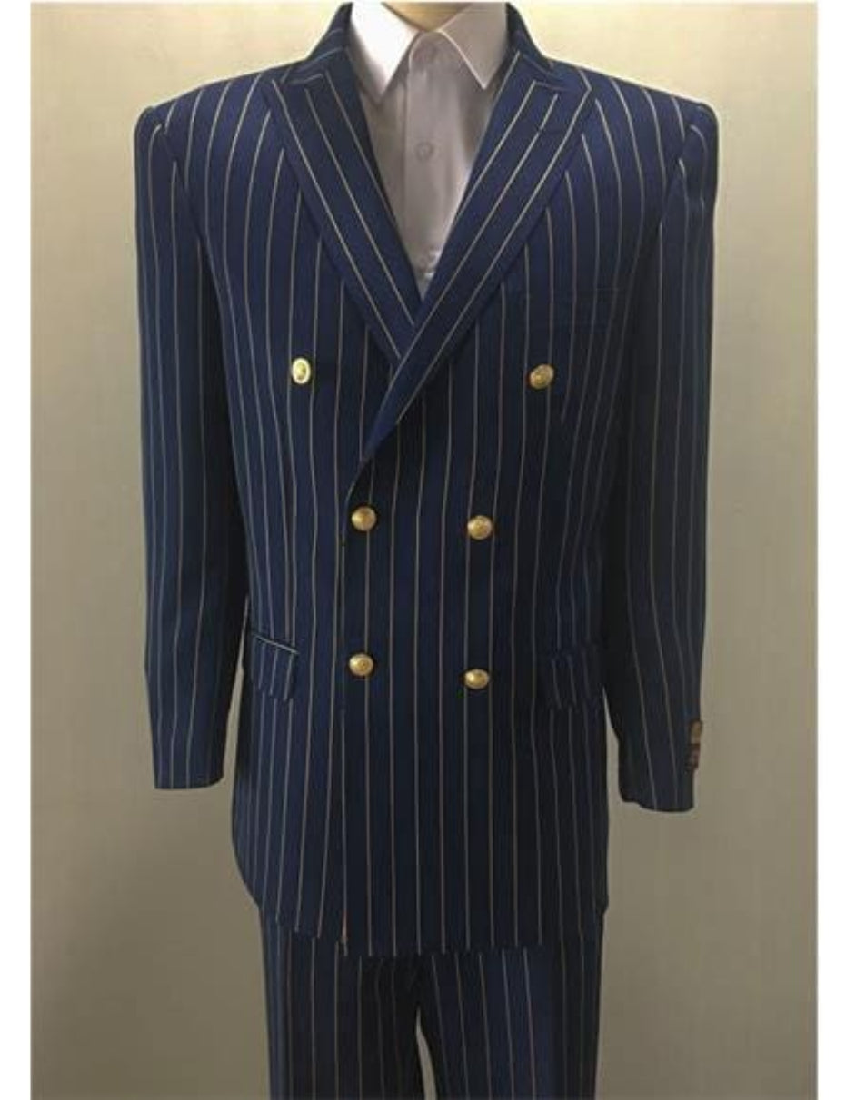 Navy Groomsmen Suits - Bold Pinstripe Pleated Pants Regular Fit Suit - Navy