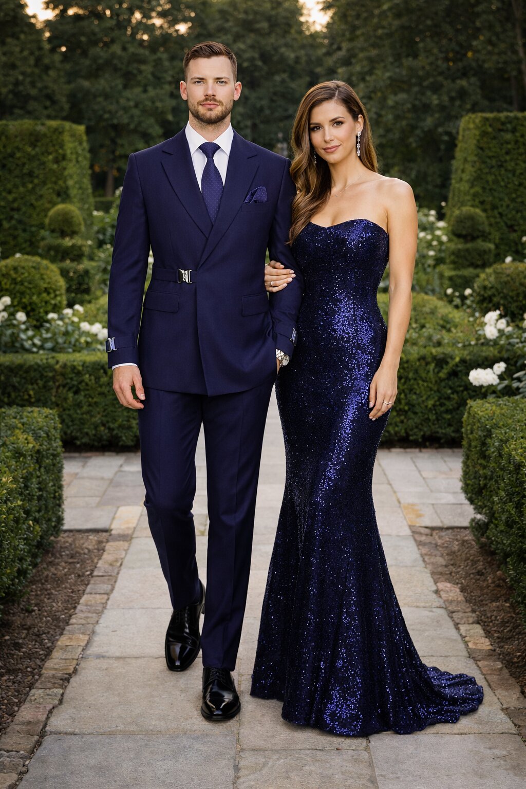 Mens Navy Blue Double Breasted Wool Suit with Signature Buckle Closure Designer Tailored Fit