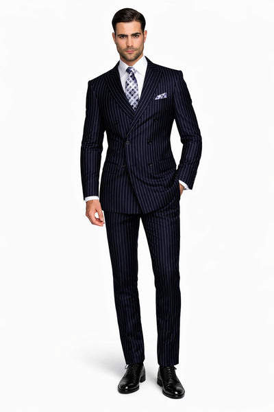 Men's Designer Double Breasted Wool Suit in Bold Navy Blue Gangster Pinstripe.