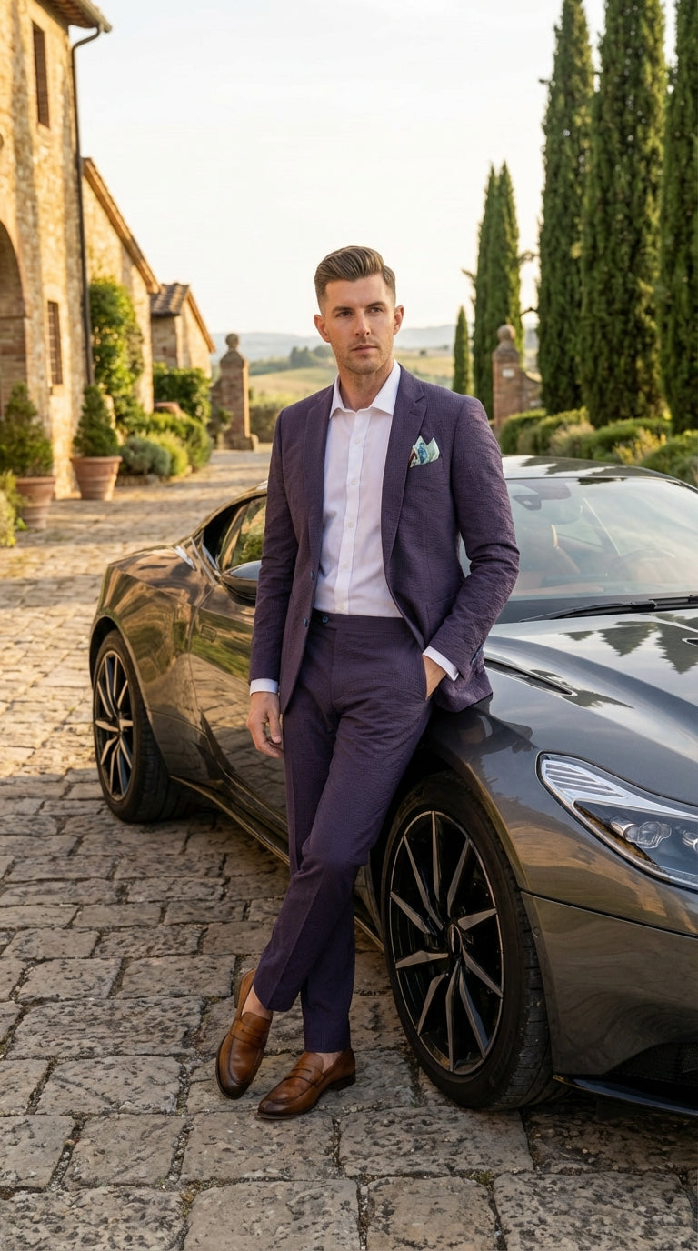 Mens Navy Blue Seersucker Suit – Cotton Fabric Shadow Pattern Ton on Tone Textured Two Button Notch Lapel Formal Summer Suit - 34 Short or Extra Small