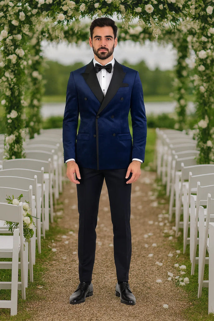 Navy Velvet Double Breasted Tuxedo Jacket Wedding & Prom