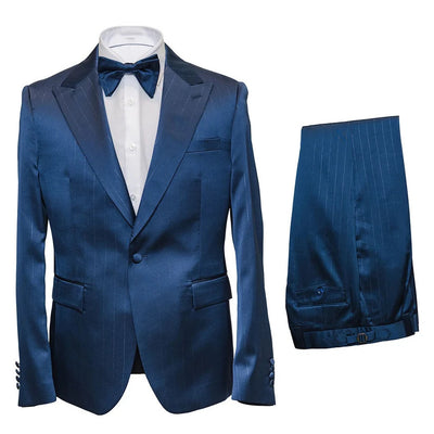 Mens Satin-Finish Pinstripe - Shiny Metallic Stripe Peak Lapel in Color Navy - Modern Fit By Rossiman
