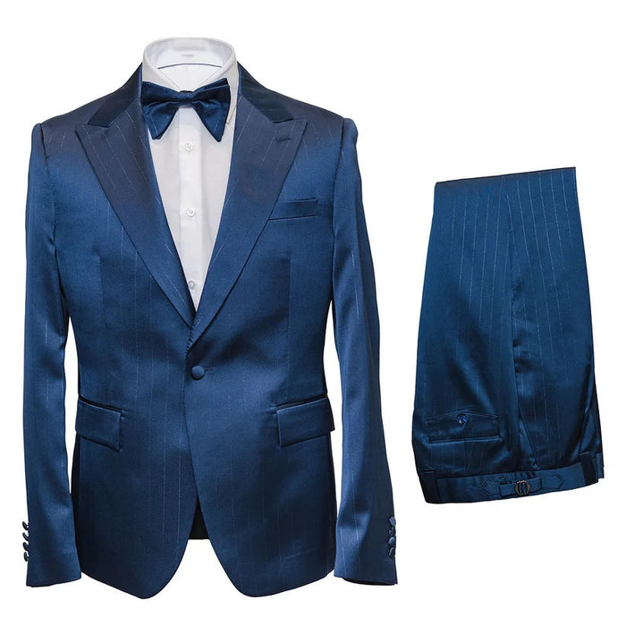 Mens Satin-Finish Pinstripe - Shiny Metallic Stripe Peak Lapel in Color Navy - Modern Fit By Rossiman
