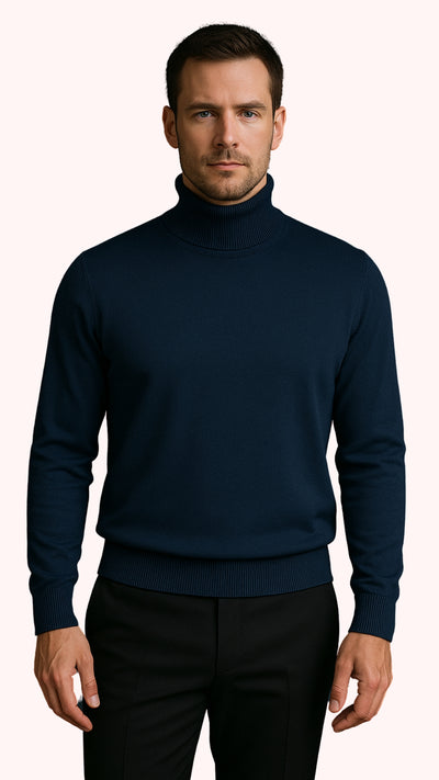 Men's Navy Blue Classic Turtleneck Sweater Lightweight Knit Pullover