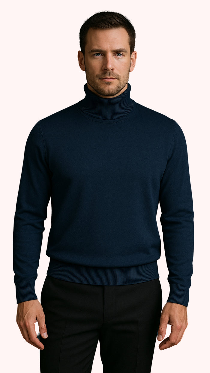 Men's Navy Blue Classic Turtleneck Sweater Lightweight Knit Pullover