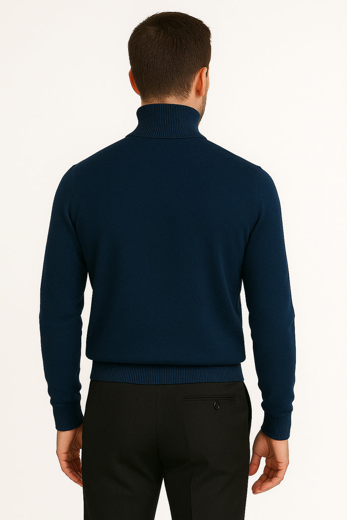Men's Navy Blue Classic Turtleneck Sweater Lightweight Knit Pullover