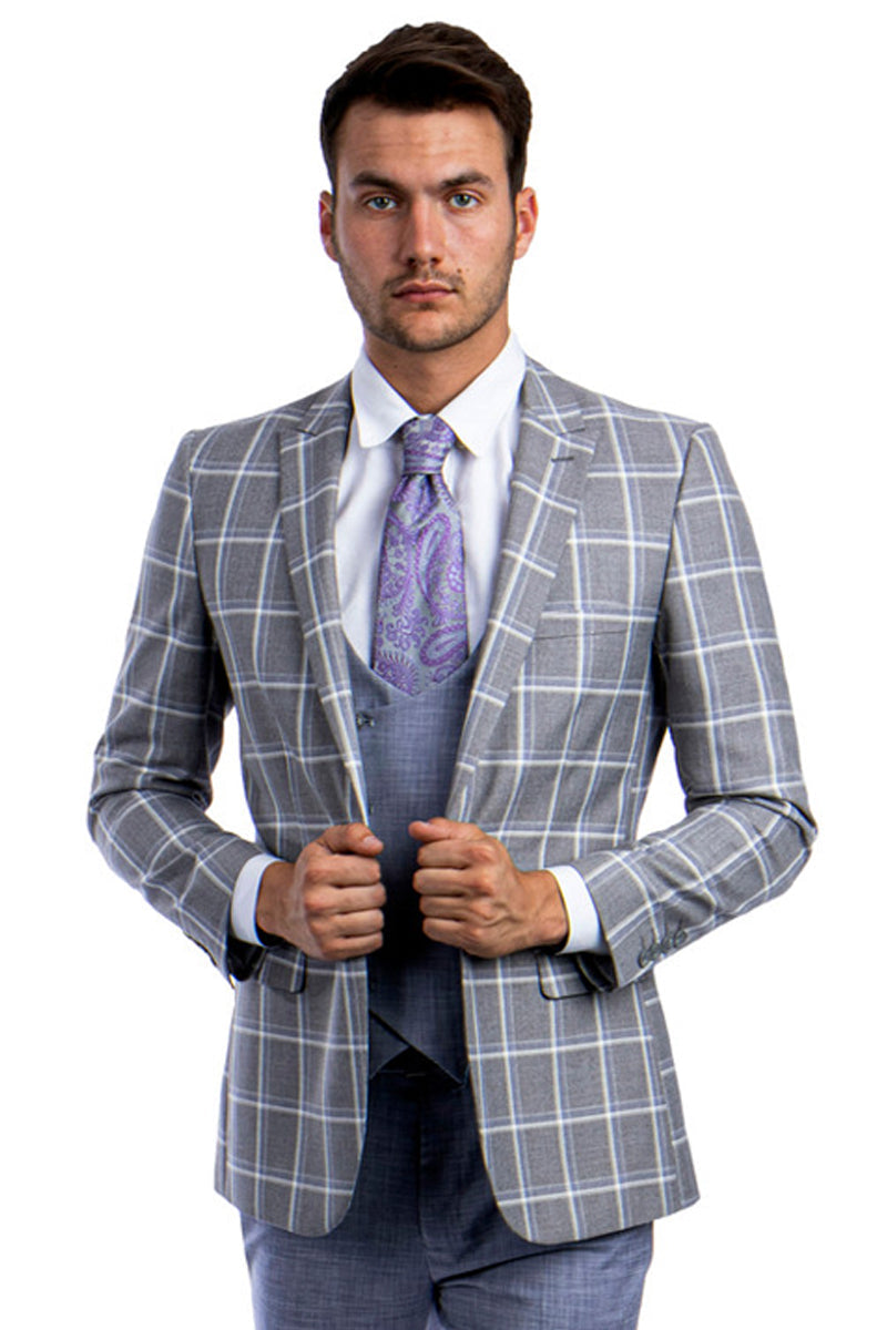 "Men's Grey & Blue Windowpane Plaid Suit - One Button Peak Lapel with Double Breasted Vest"