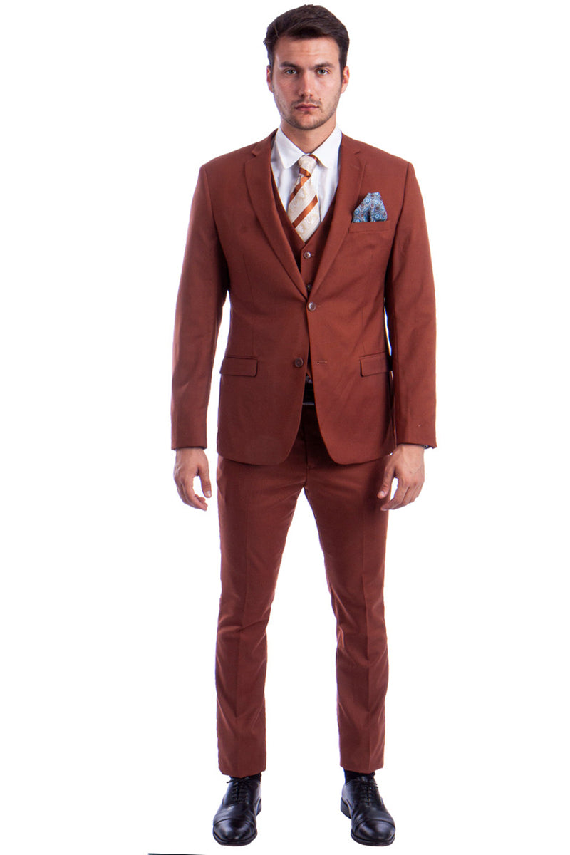 "Men's Slim Fit Two Button Vested Suit in Light Brown Rust" - 34 Short
