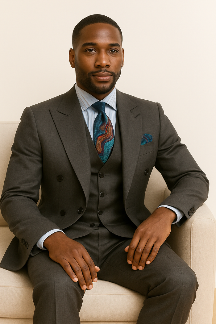 Double Breasted Suits - Vested Suits Wool Fabric - Apolo King Brand - Gray Plaid Suit - New Arrival