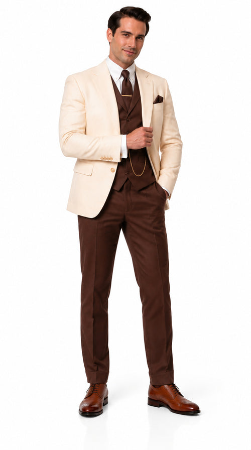 Great Gatsby 1920s Ivory Dinner Jacket with Brown Vest and Pants – Cream Off-White Collar Outfit