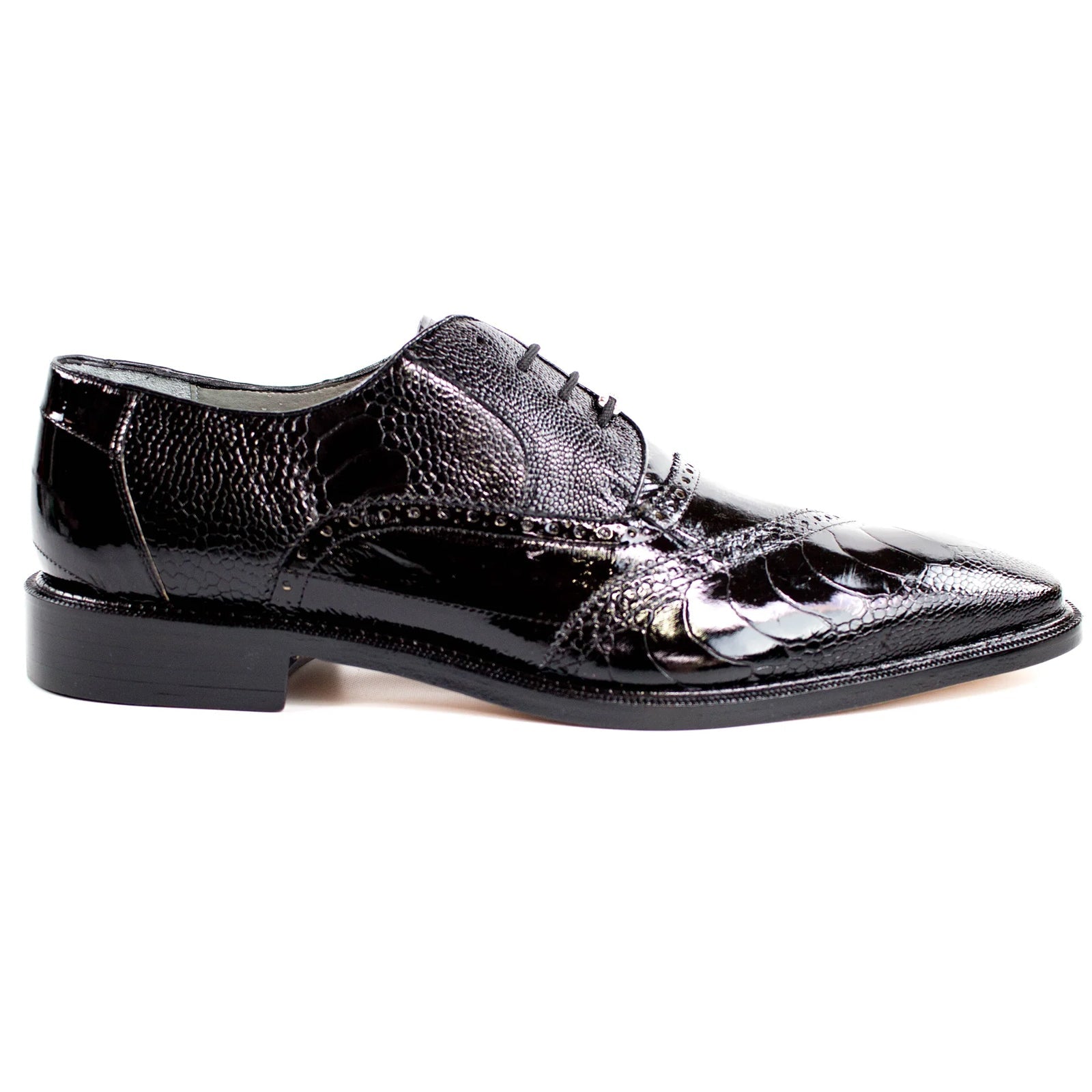 Men's Belvedere Nino Slanted Wingtip Ostrich Leg & Eel Dress Shoe in Black - 15-M