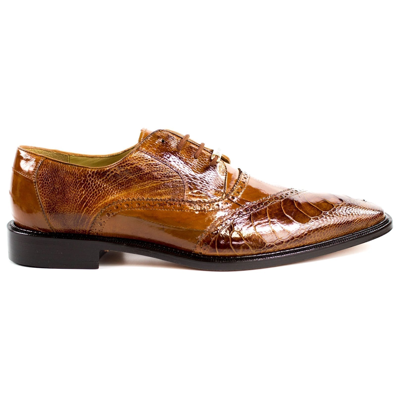 Men's Belvedere Nino Slanted Wingtip Ostrich Leg & Eel Dress Shoe in Camel - 15-M