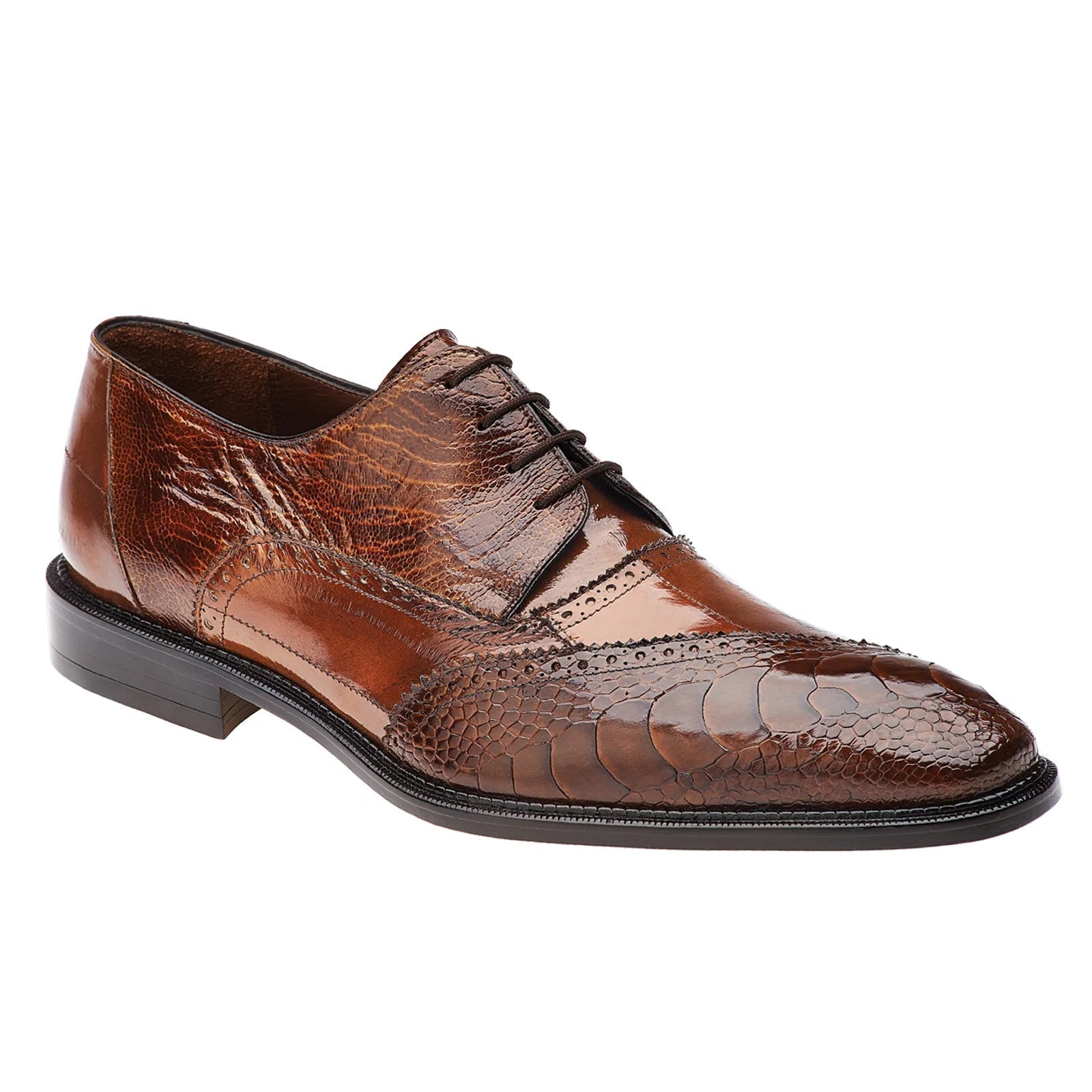 Men's Belvedere Nino Slanted Wingtip Ostrich Leg & Eel Dress Shoe in Camel - 15-M