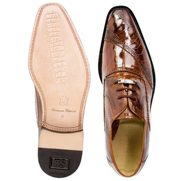 Men's Belvedere Nino Slanted Wingtip Ostrich Leg & Eel Dress Shoe in Camel - 15-M