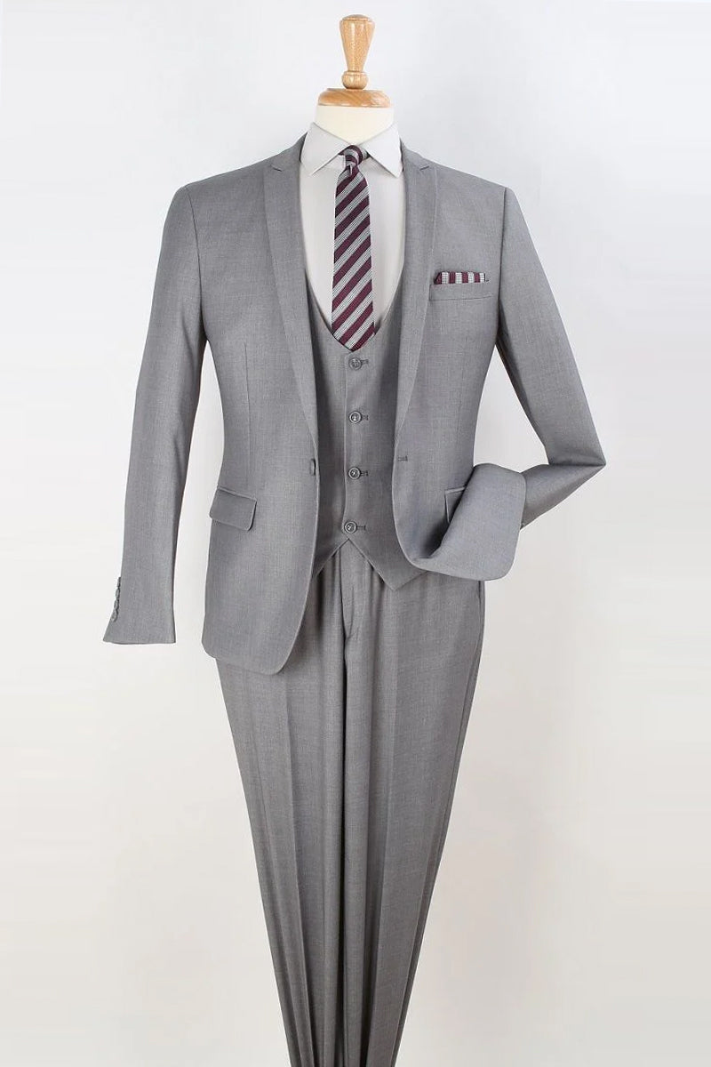 "Light Grey Slim Fit Men's Suit with Vested Peak Lapel - One Button Style"