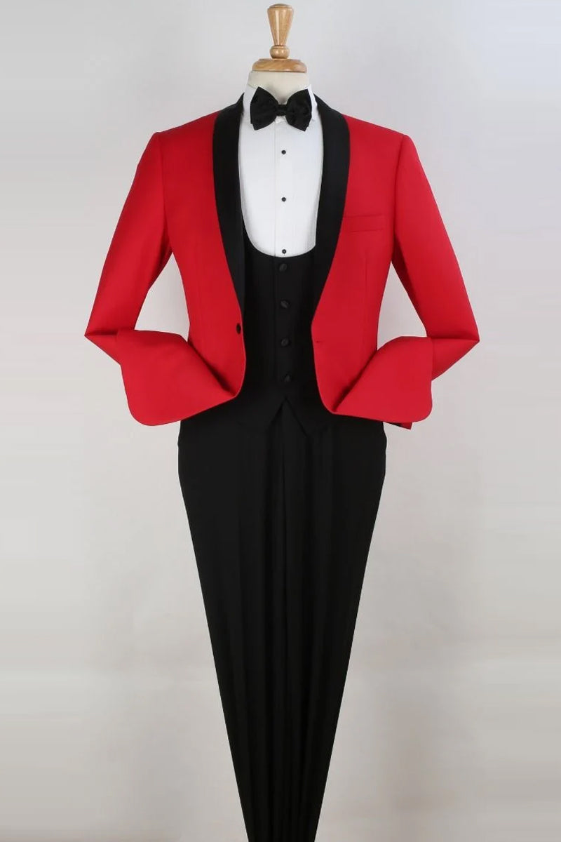 "Red Shawl Tuxedo: Men's 1-Button Scoop Vested Suit"