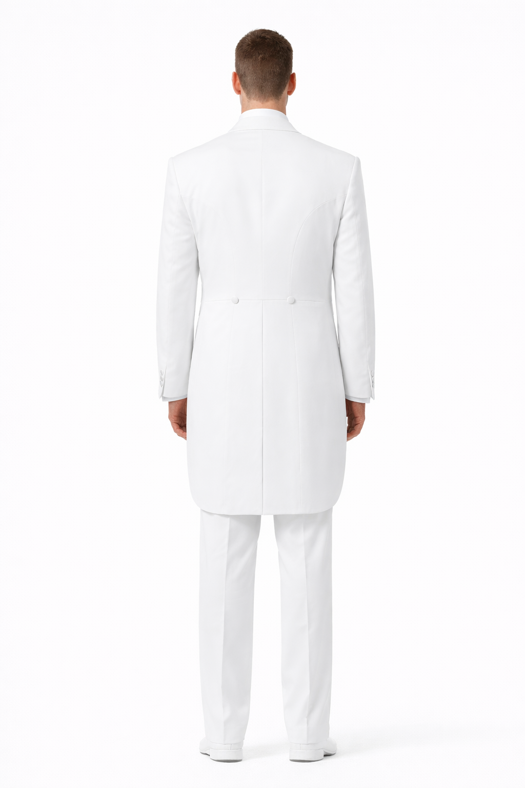 Notch Collar 6 Buttons Pleated Pants Six button Full Dress Formal Tuxedo Tailcoat in Solid Snow All White Suit For MenSatin facing-New Designer Collection - 58R