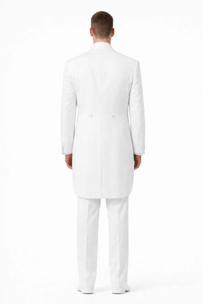 Notch Collar 6 Buttons Pleated Pants Six button Full Dress Formal Tuxedo Tailcoat in Solid Snow All White Suit For MenSatin facing-New Designer Collection