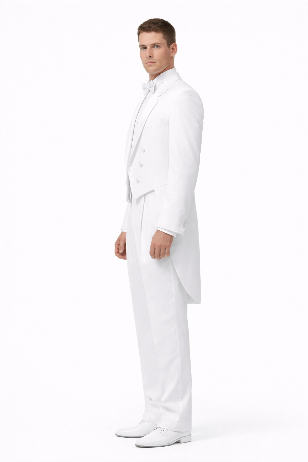 Notch Collar 6 Buttons Pleated Pants Six button Full Dress Formal Tuxedo Tailcoat in Solid Snow All White Suit For MenSatin facing-New Designer Collection - 58R