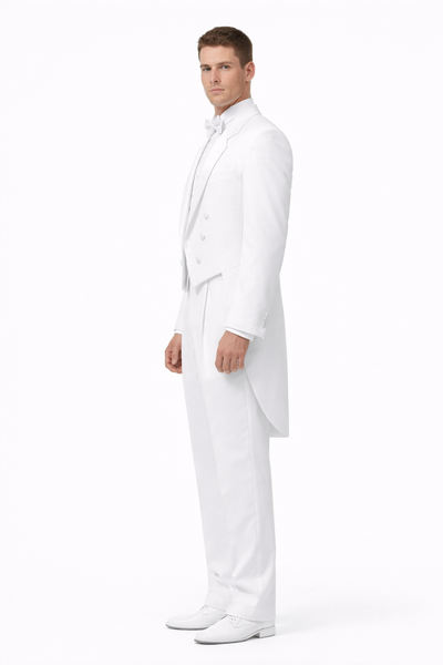 Notch Collar 6 Buttons Pleated Pants Six button Full Dress Formal Tuxedo Tailcoat in Solid Snow All White Suit For MenSatin facing-New Designer Collection