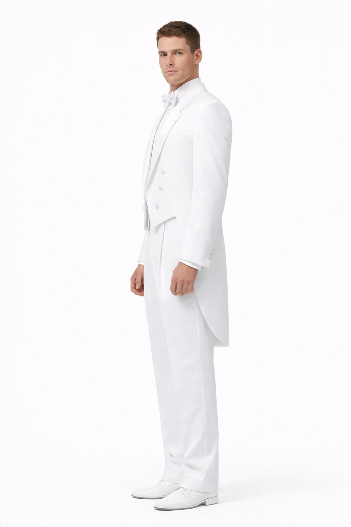 Notch Collar 6 Buttons Pleated Pants Six button Full Dress Formal Tuxedo Tailcoat in Solid Snow All White Suit For MenSatin facing-New Designer Collection