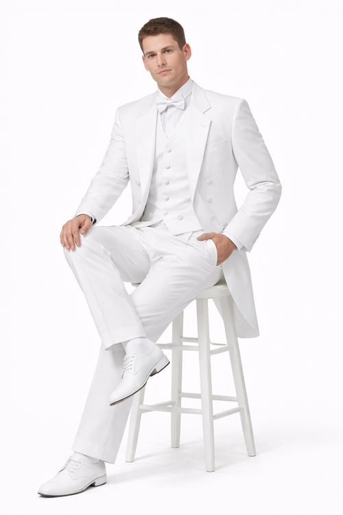 Notch Collar 6 Buttons Pleated Pants Six button Full Dress Formal Tuxedo Tailcoat in Solid Snow All White Suit For MenSatin facing-New Designer Collection
