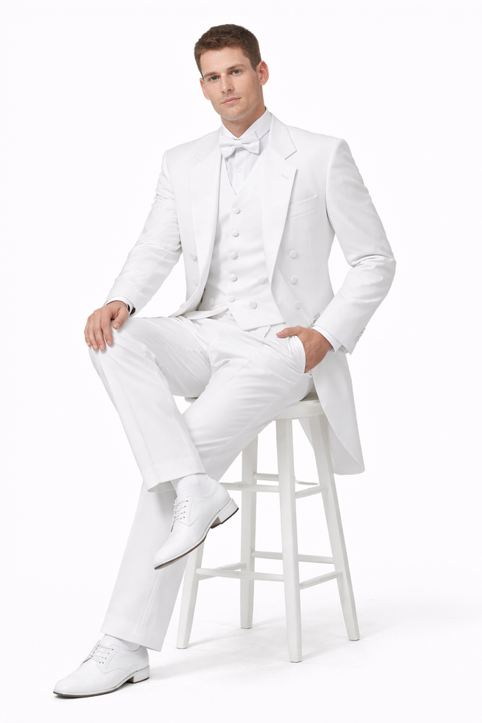 Notch Collar 6 Buttons Pleated Pants Six button Full Dress Formal Tuxedo Tailcoat in Solid Snow All White Suit For MenSatin facing-New Designer Collection
