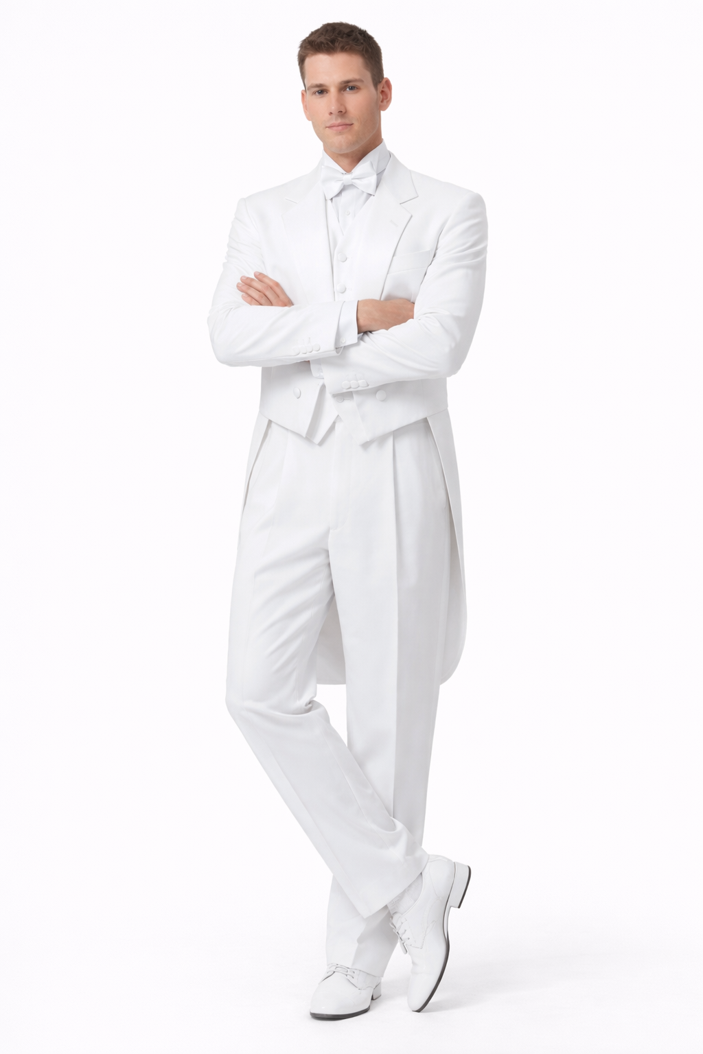 Notch Collar 6 Buttons Pleated Pants Six button Full Dress Formal Tuxedo Tailcoat in Solid Snow All White Suit For MenSatin facing-New Designer Collection - 58R