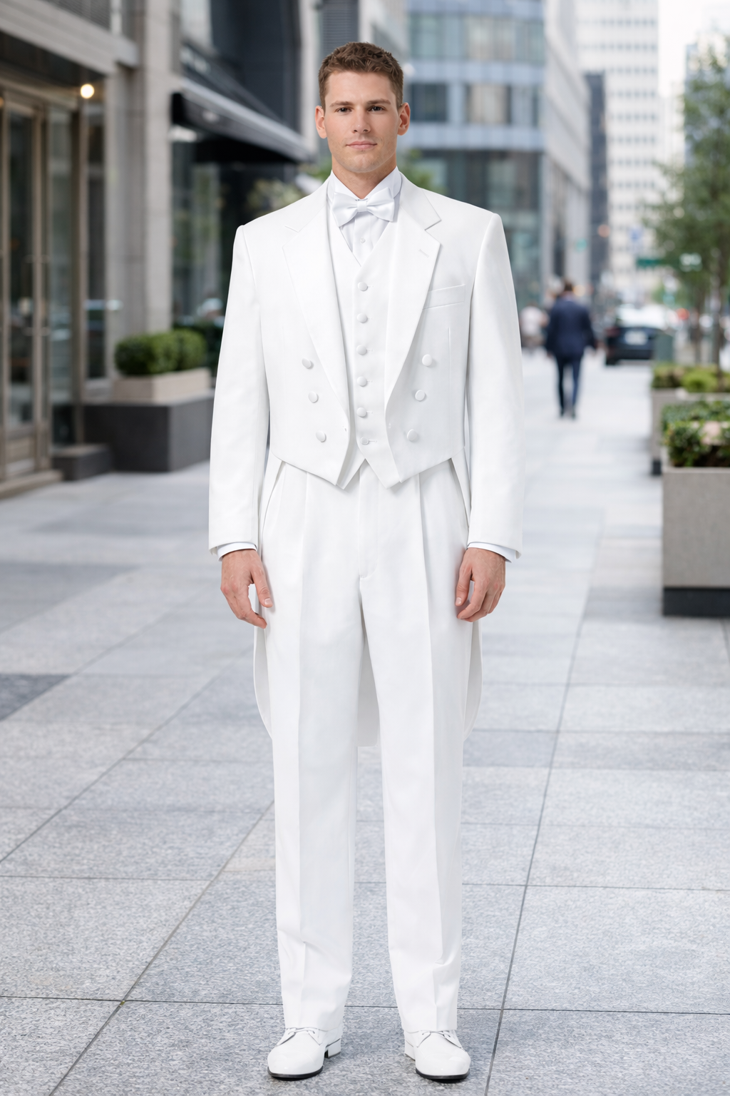 Notch Collar 6 Buttons Pleated Pants Six button Full Dress Formal Tuxedo Tailcoat in Solid Snow All White Suit For MenSatin facing-New Designer Collection - 58R