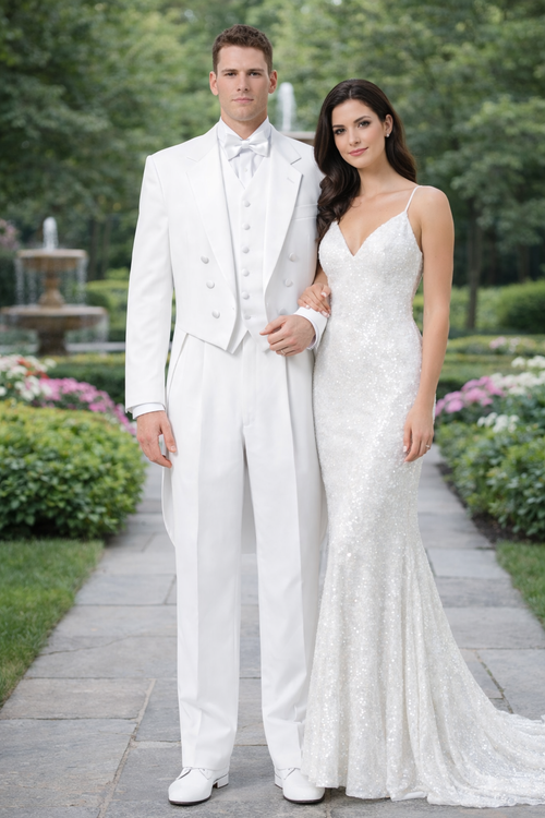 Notch Collar 6 Buttons Pleated Pants Six button Full Dress Formal Tuxedo Tailcoat in Solid Snow All White Suit For MenSatin facing-New Designer Collection