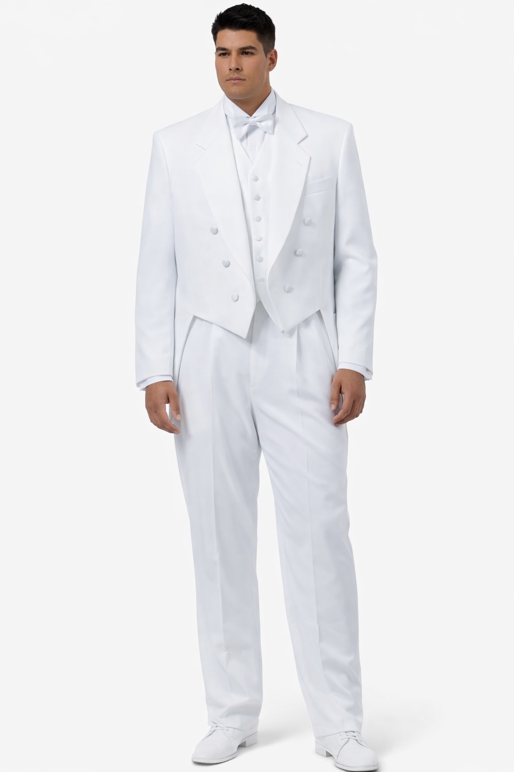Notch Collar 6 Buttons Pleated Pants Six button Full Dress Formal Tuxedo Tailcoat in Solid Snow All White Suit For MenSatin facing-New Designer Collection - 58R