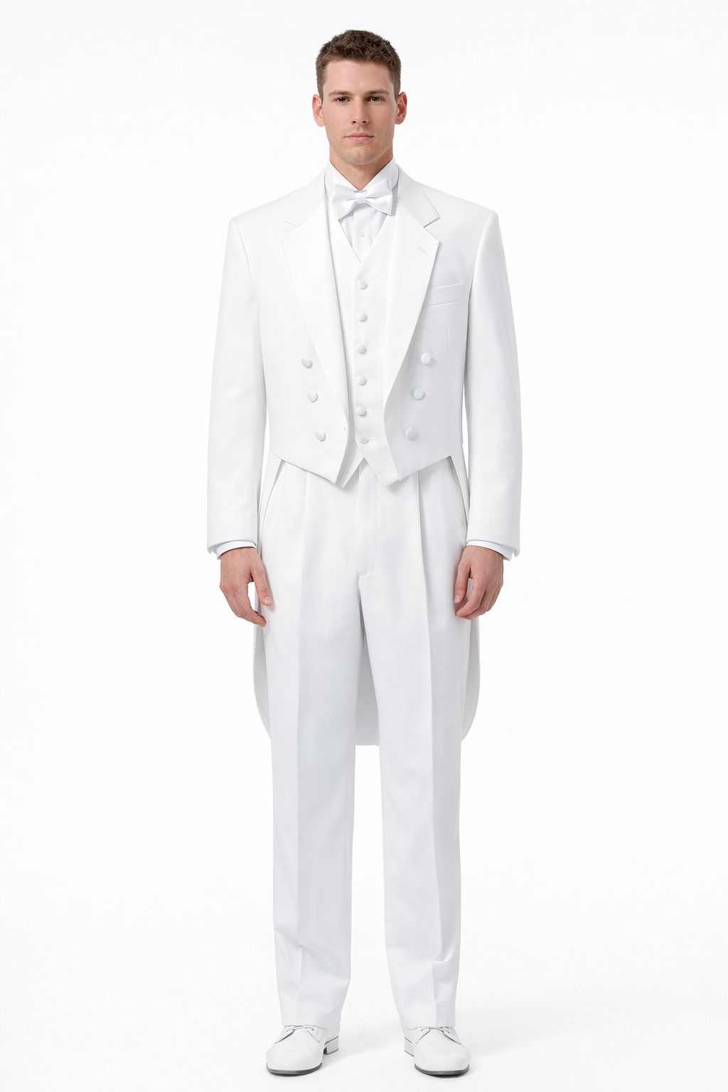Notch Collar 6 Buttons Pleated Pants Six button Full Dress Formal Tuxedo Tailcoat in Solid Snow All White Suit For MenSatin facing-New Designer Collection - 58R