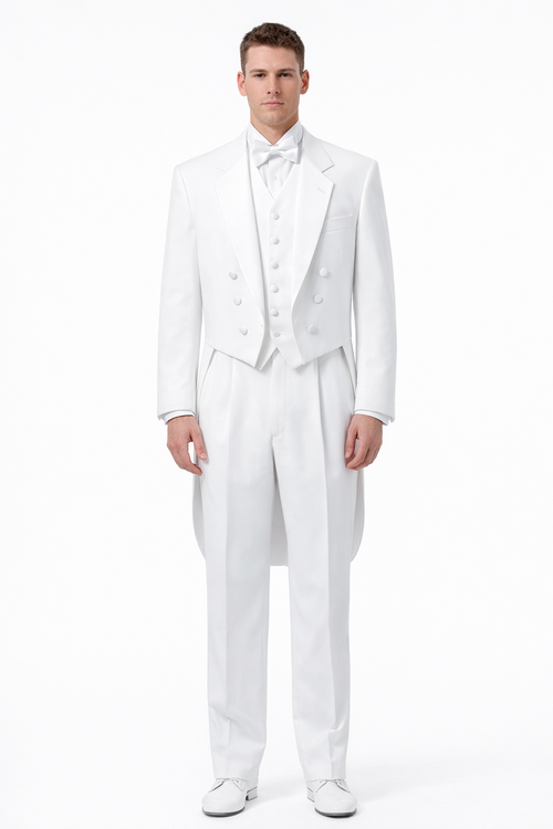 Notch Collar 6 Buttons Pleated Pants Six button Full Dress Formal Tuxedo Tailcoat in Solid Snow All White Suit For MenSatin facing-New Designer Collection