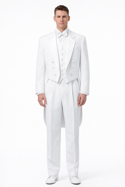 Notch Collar 6 Buttons Pleated Pants Six button Full Dress Formal Tuxedo Tailcoat in Solid Snow All White Suit For MenSatin facing-New Designer Collection