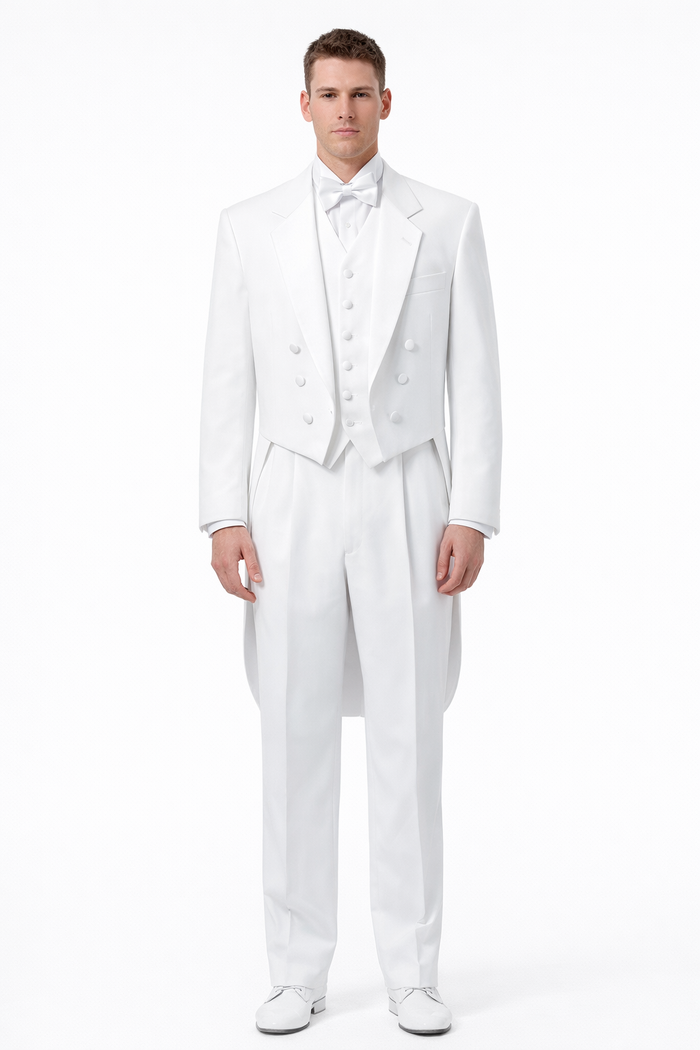 Notch Collar 6 Buttons Pleated Pants Six button Full Dress Formal Tuxedo Tailcoat in Solid Snow All White Suit For MenSatin facing-New Designer Collection
