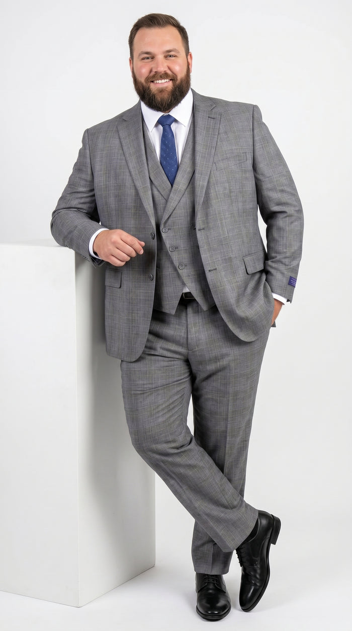 Men’s Gray Glen Plaid 3 Piece Suit with Jacket, Vest and Pants, Formal Wedding Business Dress Suit