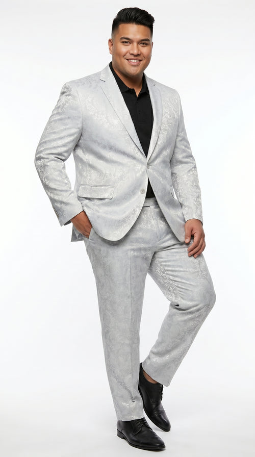 Men’s Silver Grey Paisley Wedding and Prom 2026 Suit with Jacket and Matching Pants