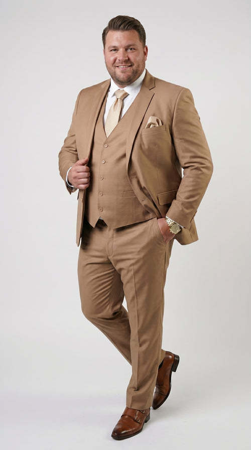 Statement Men’s Solid Caramel 100% Wool Vested Suit, Formal Wedding Business 3 Piece Suit Set