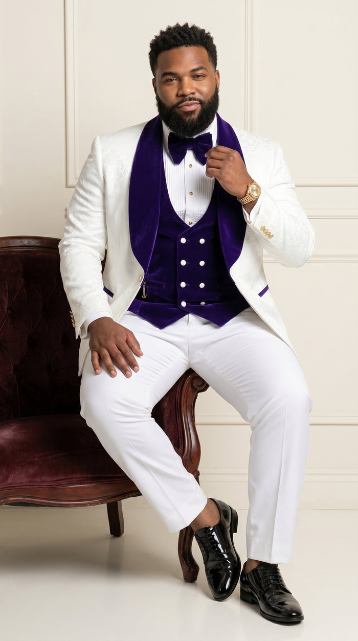 Men’s White and Royal Blue Wedding Tuxedo, Groom Prom Suit with Velvet Shawl Lapel and Matching Vest