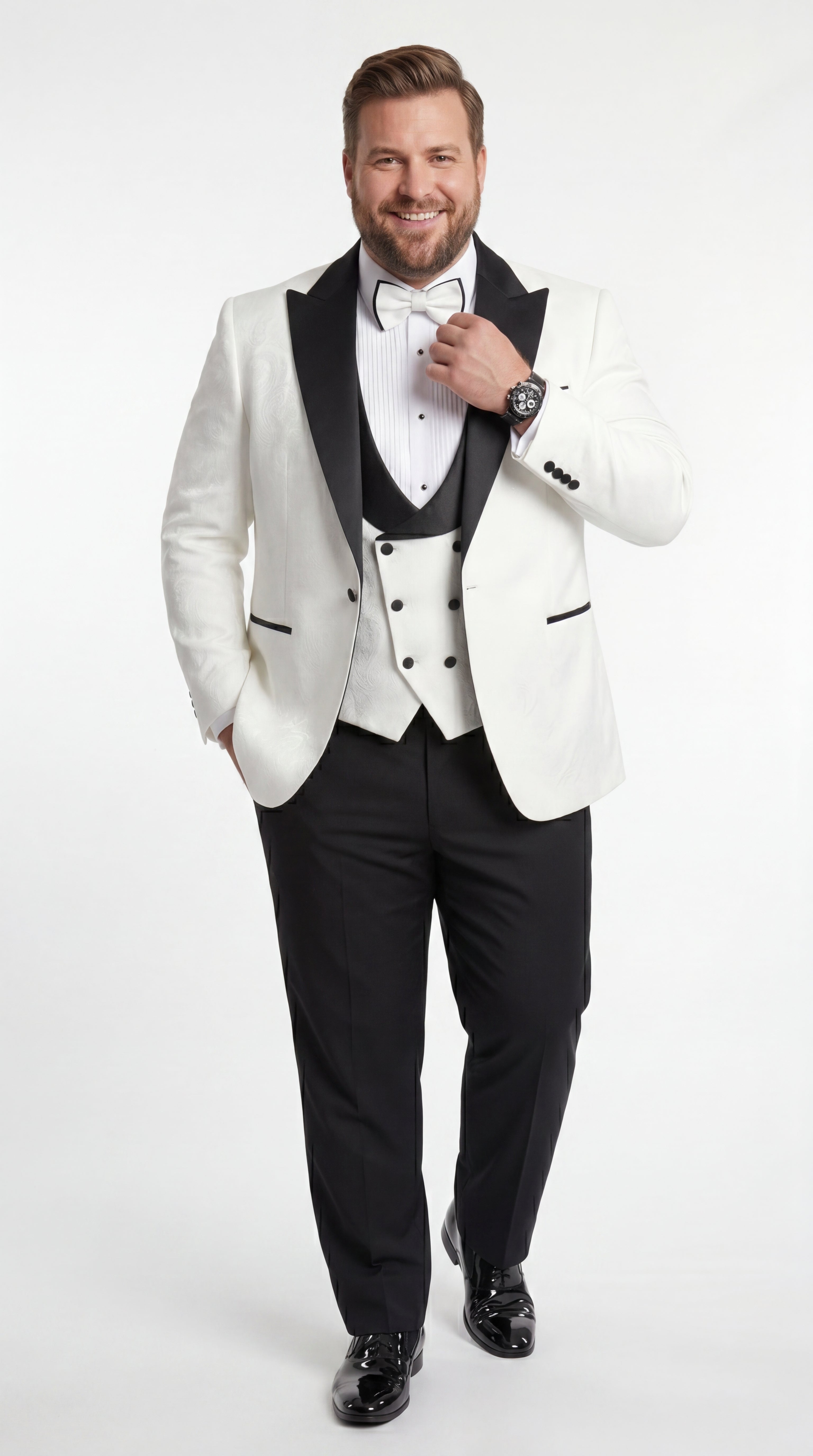 Statement Men’s White and Black Vested Tuxedo, Peak Lapel Wedding Prom Formal Suit with Bow Tie