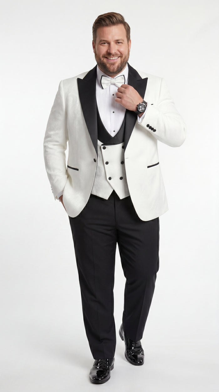 Statement Men’s White and Black Vested Tuxedo, Peak Lapel Wedding Prom Formal Suit with Bow Tie