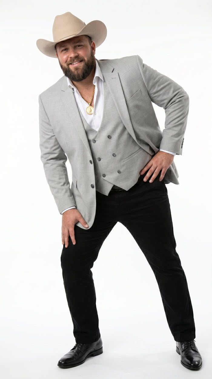 Men’s Light Gray Western Suit Blazer with Double Breasted Vest, Modern Cowboy Formal Outfit