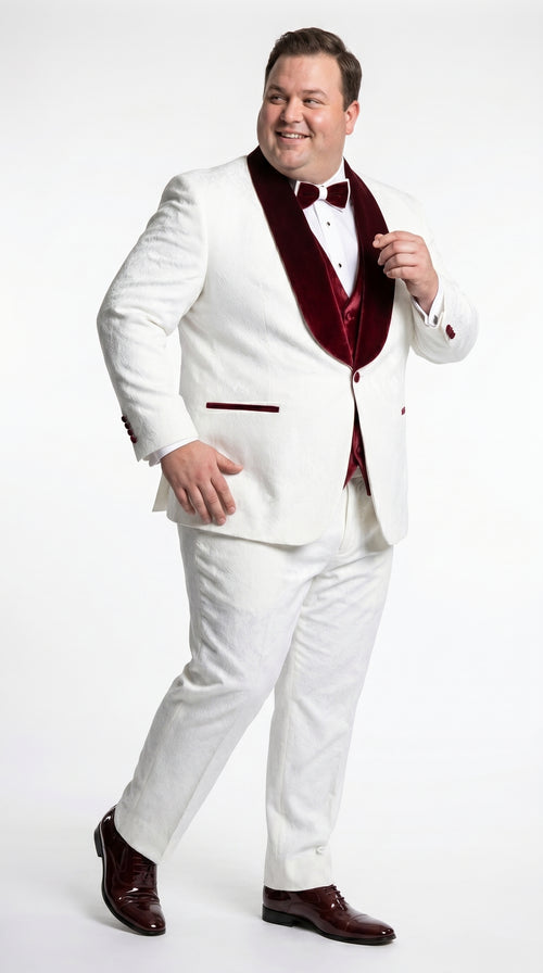 Men’s Gianni White and Burgundy Velvet Lapel 3 Piece Tuxedo, Formal Wedding Prom Suit