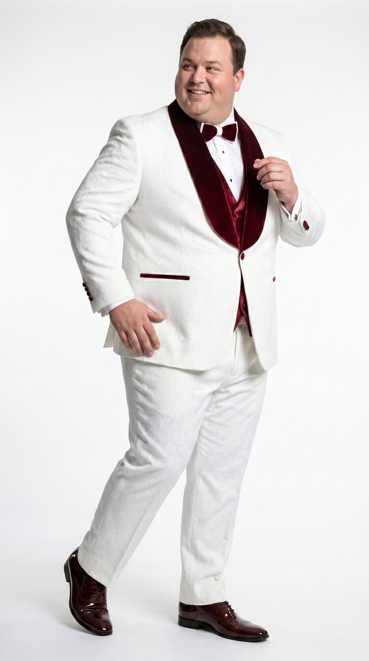Men’s Gianni White and Burgundy Velvet Lapel 3 Piece Tuxedo, Formal Wedding Prom Suit